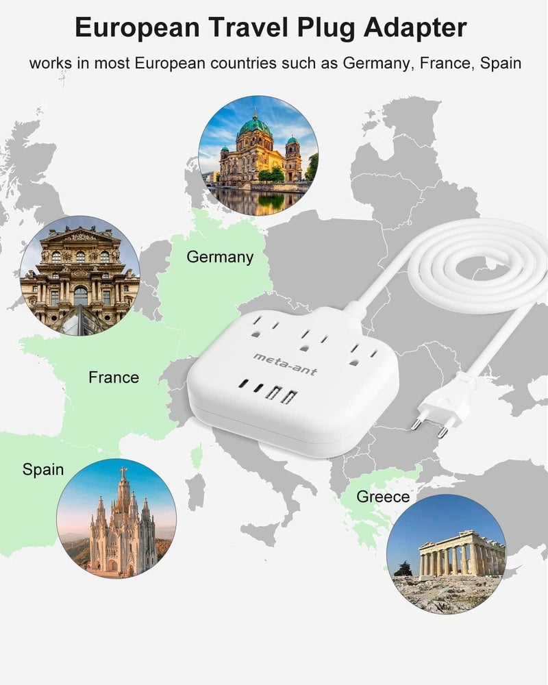meta-ant European Travel Plug Adapter, US to Europe Plug Adapter with 3 Outlets & 4 USB(2 USB-C), 5ft European Power Cord, International Power Strip, Type C for Europe EU Germany France, Travel, White - Image 2